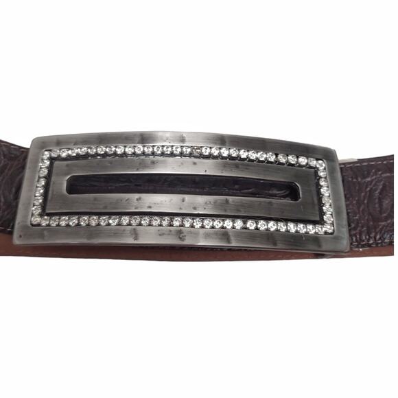 Brown Leather Textured Belt Approx Size M Rhinestone Buckle Accessories main image 12